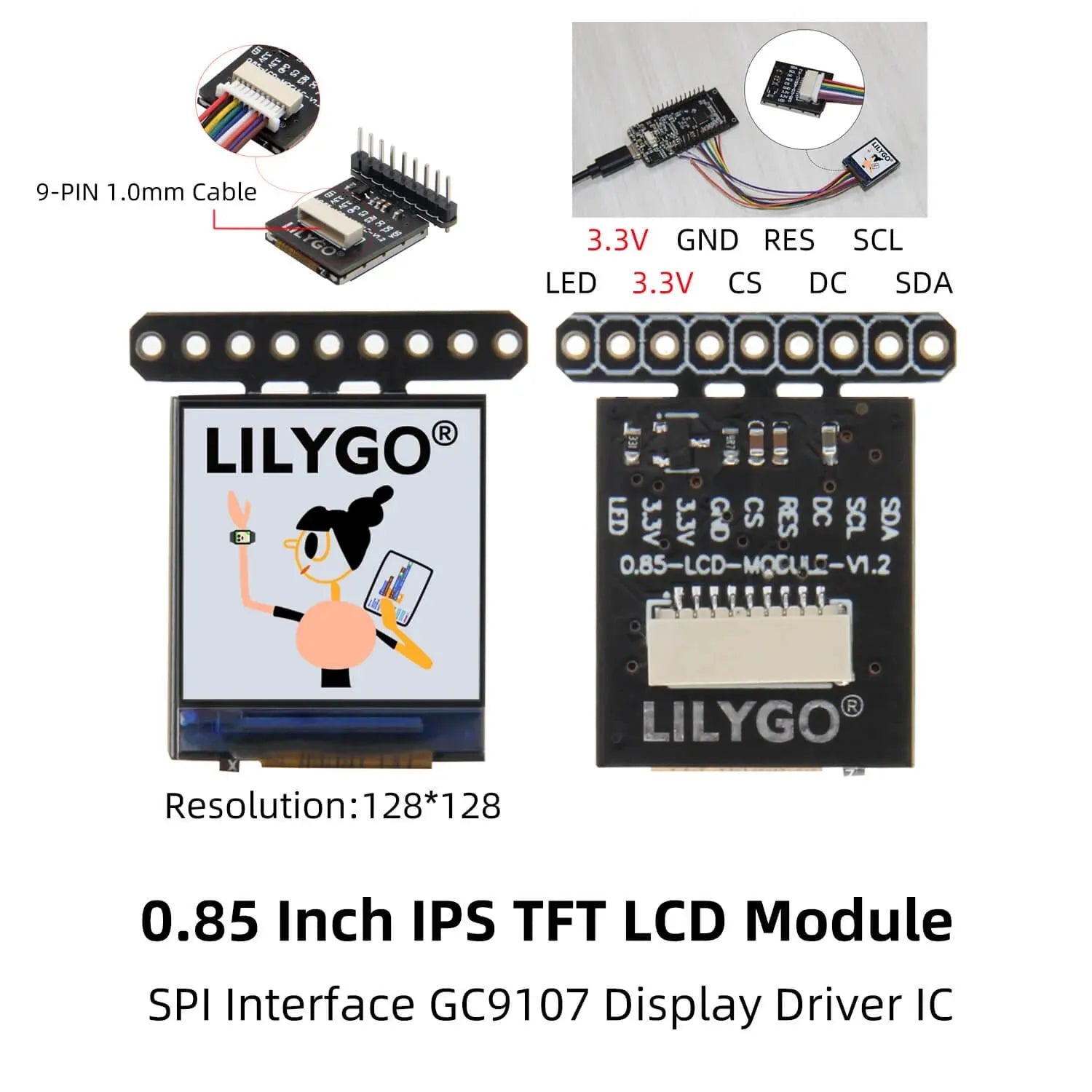 LILYGO T-0.85 Inch LCD Module GC9107 Full Color IPS-6